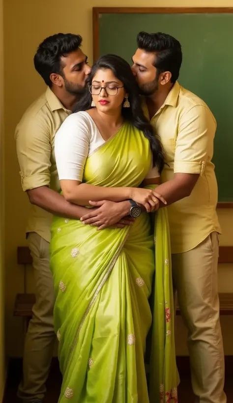 Extreme wide angle shot, Side view,Full body image, indian hourglass body, Indian plus sized 29 year old Telugu teacher anasuya bharadwaj, lovely face, suductive expression on face and lips, mouth slightly open, very huge breasts, wearing highly embroideri...