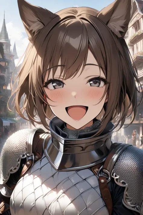 top quality, masterpiece,  Hi-Res, 8k, (1 girl ), Alone, (((face shot))),  brown short hair, Beautiful Girl with Dog Ears, In an old fantasy city,  droopy eyes , (((Smile and open your mouth ))),  Chainmail Armor , Holding a slave's collar in his hand