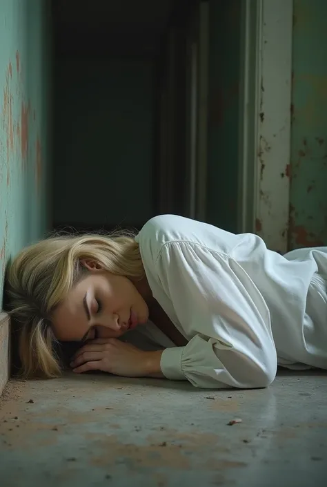  falling unconscious on an abandoned floor,  her white blouse is unbuttoned 、nakedの胸を露わにしている, naked, naked足, Full body photo of a beautiful white blonde woman who is completely unconscious 