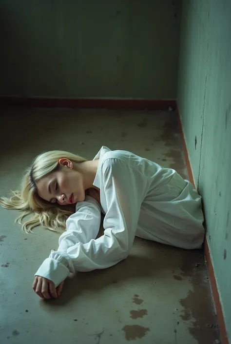  falling unconscious on an abandoned floor,  her white blouse is unbuttoned 、nakedの胸を露わにしている, naked, naked足, Full body photo of a beautiful white blonde woman who is completely unconscious 