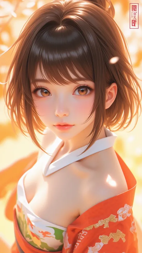  ，A beautifully drawn portrait of a girl with a short side Liu Hai 、 Brown Hair 、 Design should be subtle ，Wearing a kimono， looking down from above at the viewer ， in bright orange highlights ，Showcasing the highest quality craftsmanship