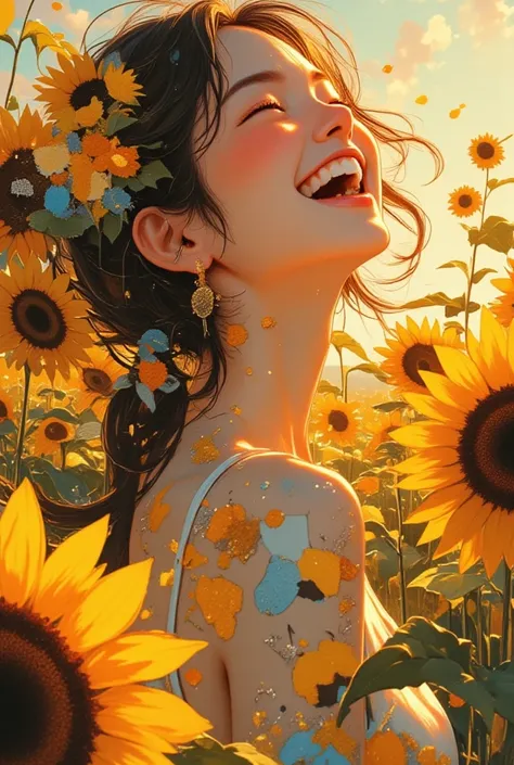 Laughing woman, backlit , sunflower ,   pop art  painting  ,  pop art  , (  collage ), added   Details,   close-up shot , a contemporary artistic  collage, graphic   Details, cut out  collage,   Details,   Profile Artwork , digital  collage,teeth, cowboy s...