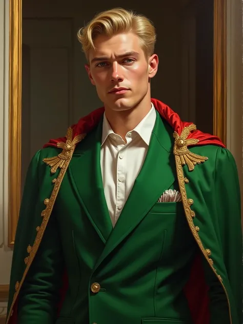  realistic oil painting , He is Russian ,   porcelain skin. A man with light blond hair , She has honey eyes , Her eyes are beautiful , He's wearing an all-green suit, white shirt with a green and red cape, it&#39;s lovely, It is at the entrance of a palac...