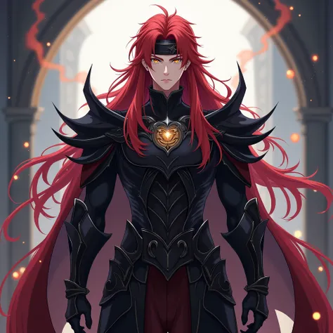 A very handsome anime man with long crimson hair an fair skin,golden eyes with black armor and a black headband,full body standing,fantasy background 