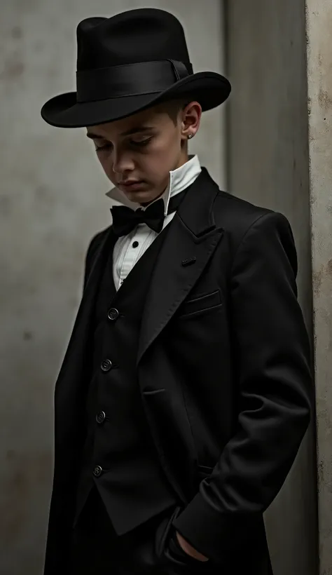  Create an image of a boy , well dressed,  gangster style clothing from the 1800s, Parana corner ,  looking at the ground ,  as if reflecting on something ,  an image with very high quality ,  low lighting, In a greyish tone ,  perfect for TikTok videos 