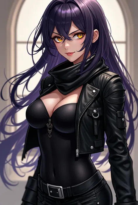 Mature woman, Adult woman, Black Hair, purple hair, Yellow Eyes, snake slit Pupils, Black Leather Tight combat suit, Ripped Scarf, fantasy, Anime, utility belt, short leather jacket, black sexy leotard, black pants