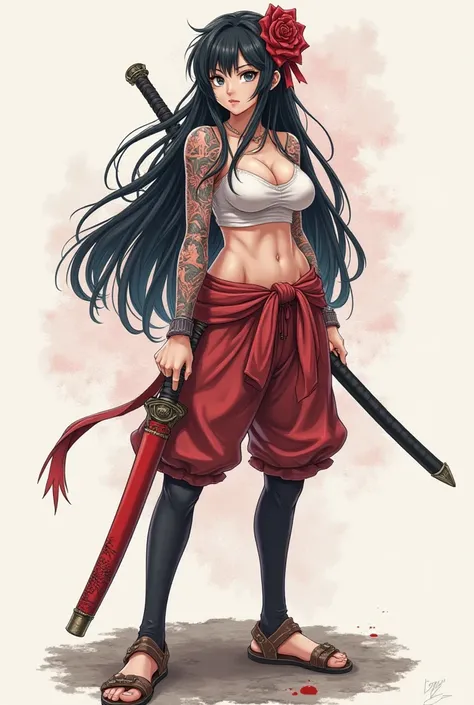 a drawing of a woman with tattoos and a sword, pretty anime character design, official character art, interesting character design, waifu, official character illustration, beautifully designed character, great character design, beautiful full body concept ...