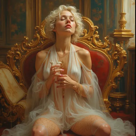  masterpiece,  high resolution of a beautiful woman blonde platinum wavy short, fit,  white skin, wearing a white silk baroque dress , short and with mesh leggings up to the thighs , showing legs,  big breasts, in a baroque room.  The woman is with her eye...