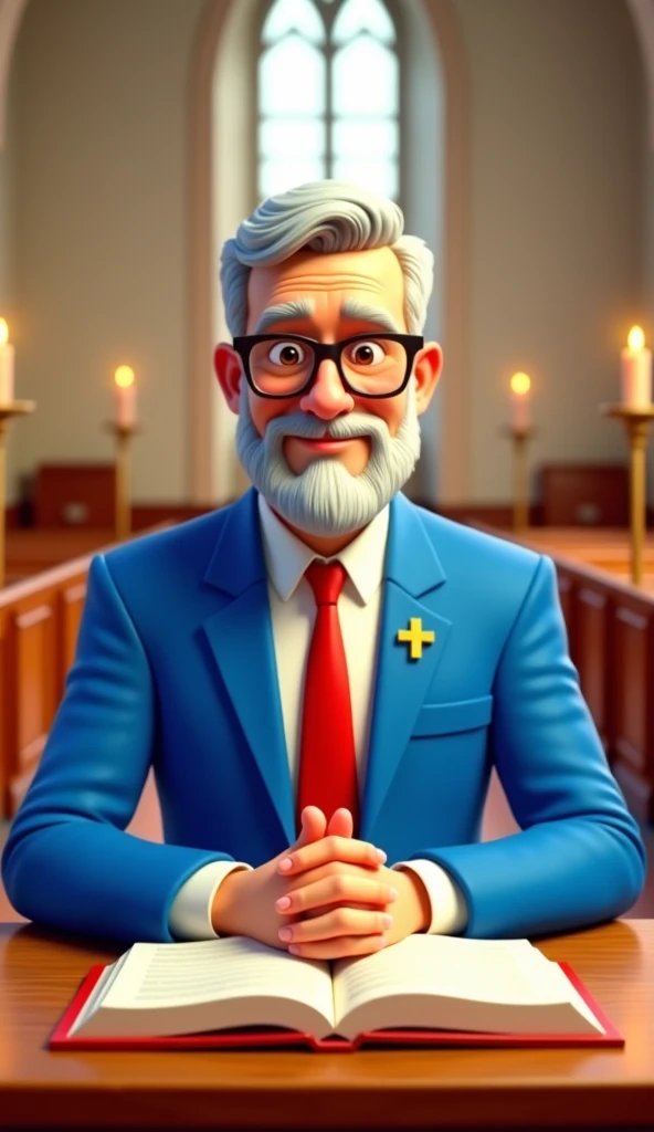 A 3D rendering footage from a front camera angle over a cartoon-style illustration of a man with a soft expression, wearing a blue suit and glasses, sitting at a table in a church, with a book open in front of him. the image also shows the interior of a ch...