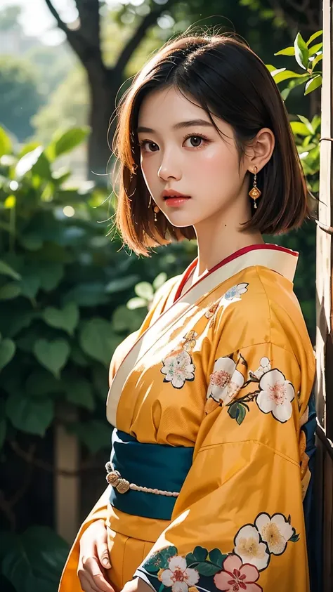  ，A beautifully drawn portrait of a girl with a short side Liu Hai 、 Brown Hair 、 Design should be subtle ，Wearing a kimono， looking down from above at the viewer ， in bright orange highlights ，Showcasing the highest quality craftsmanship