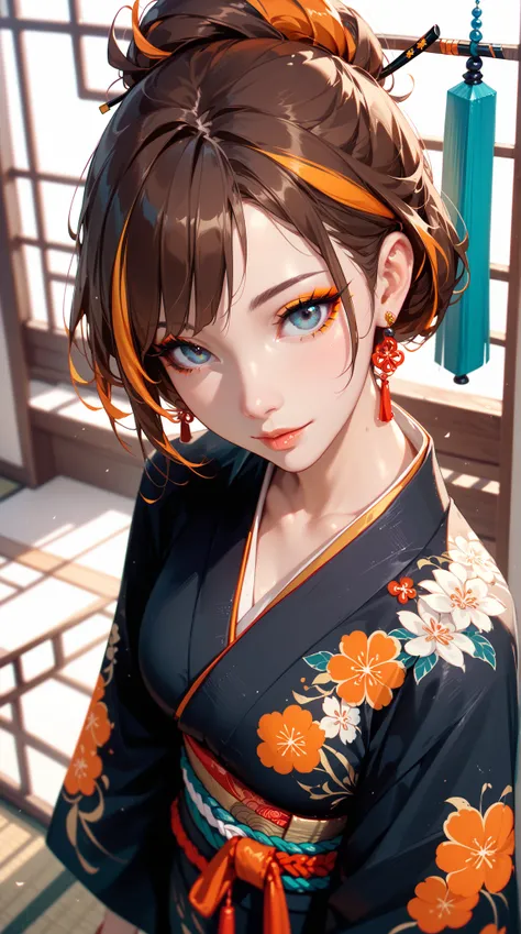  ，A beautifully drawn portrait of a girl with a short side Liu Hai 、 Brown Hair 、 Design should be subtle ，Wearing a kimono， looking down from above at the viewer ， in bright orange highlights ，Showcasing the highest quality craftsmanship