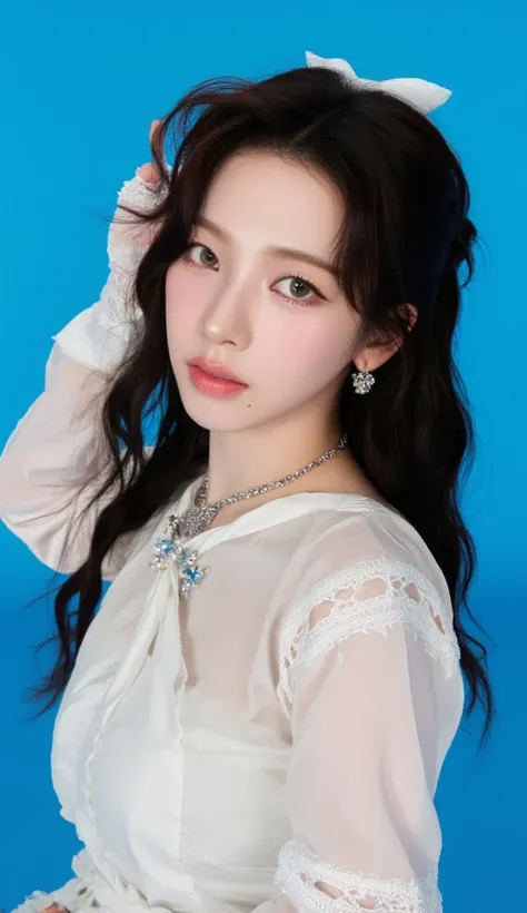 32k, Masterpiece, Top Quality, (Korea's Beautiful Women) Full body, arm behind head, eye-level, long wavy dark brown hair, white lace bow, Nude, bright blue background, playful, youthful, whimsical, edgy, bright lighting.