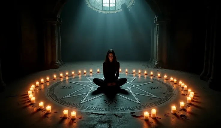  Woman dressed in black sitting in the middle of a dark and abandoned room, on a pentagram surrounded by many candles 