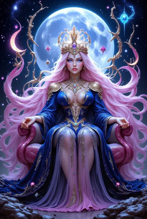 Hecate Goddess of magic, theurgy and necromancer. The mystical ruler of the moon in pink and blue, 
In the center of the picture, a majestic figure sits enthroned, surrounded by a radiant full moon. Her appearance is filled with an unearthly beauty and gra...