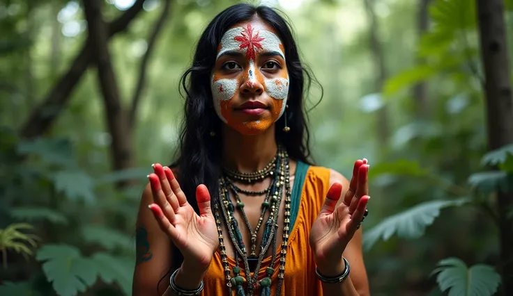 Ultra-realistic image of an indigenous woman facing the canvas with face painting in the forest with her hands in a position to send blessings