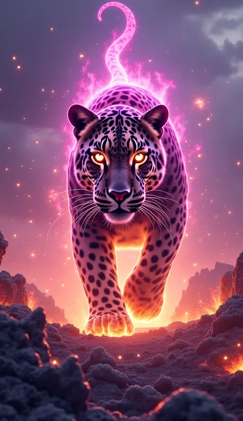  A gigantic leopard in lilac flames walking mightily forward,  its flaming feathers radiating intense heat and light . Your eyes shine with mythical energy , And lilac flames follow behind every step .  The background presents a dramatic and mystical lands...