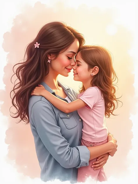 A heartfelt watercolor painting of a mother and daughter embracing, radiating warmth and love. The mother gently holds her daughter close, their faces expressing deep affection and tenderness. Soft, blended colors like pastel pinks, blues, and warm earth t...