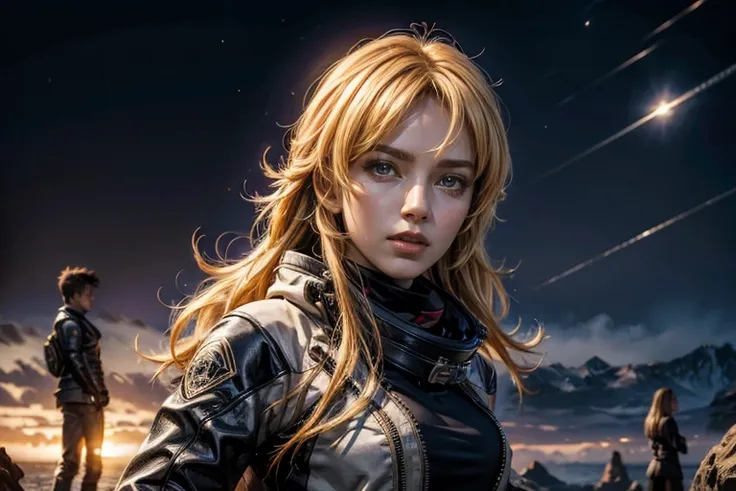 yangxiaolong, yang xiao long, long hair, blonde hair, large breasts, (purple eyes:1.3), ahoge, bangs, BREAK wearing a black ski jacket with silver trim, black pants, mechanical arms, single mechanical arm, prosthesis, prosthetic arm, BREAK standing with bl...