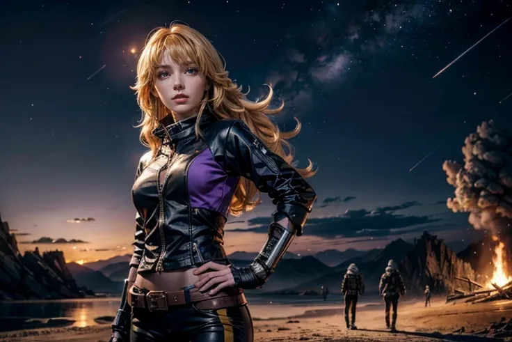 yangxiaolong, yang xiao long, long hair, blonde hair, large breasts, (purple eyes:1.3), ahoge, bangs, BREAK wearing a black ski jacket with silver trim, black pants, mechanical arms, single mechanical arm, prosthesis, prosthetic arm, BREAK standing with bl...