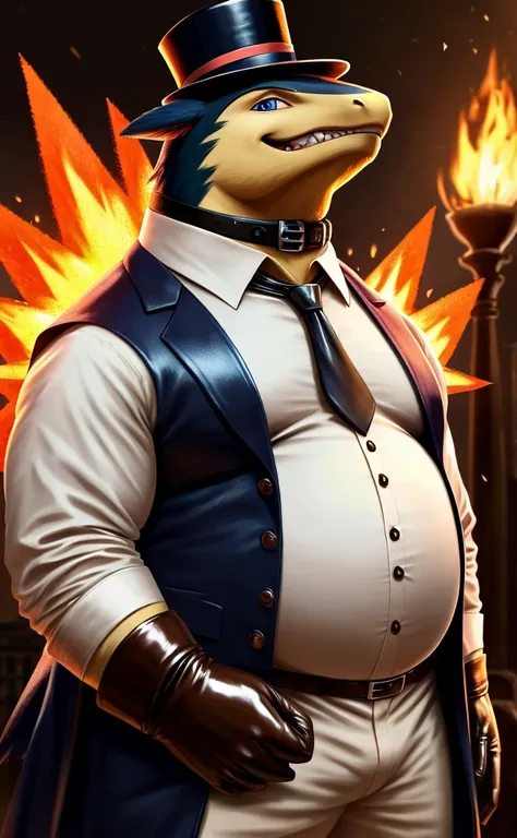 Solo, Male, close up, fat, musclegut, obese, steampunk, 1920s gentleman, dapper Typhlosion, tilting head down, blue eyes, wearing a big leather collar around his neck, (soft shading), 4k, hi res, ((detailed face, detailed)), looking at viewer, evil grin, c...