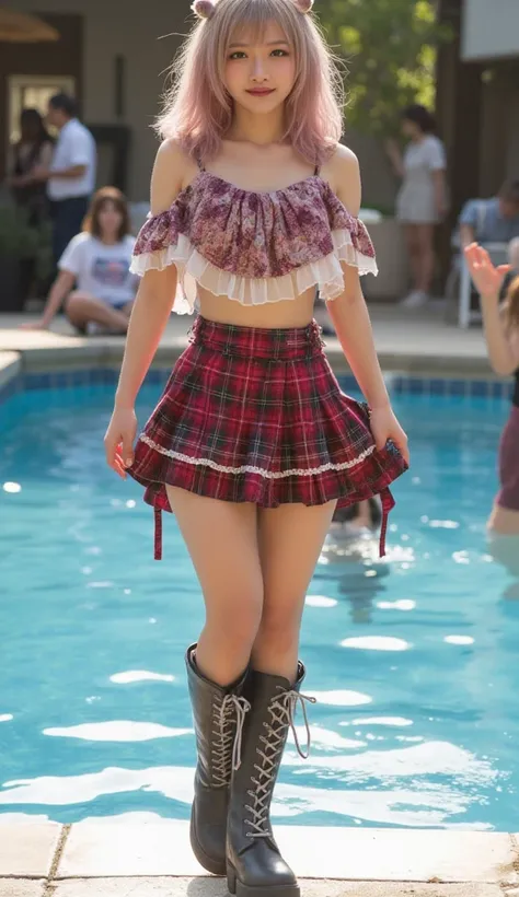 A super realistic depiction of a Japanese person, 18 years old, with medium-length hair and a light pink loose wave perm, a full-body depiction, wearing a Scottish cult skirt-style outfit suitable for a performance, wearing a mini skirt and short boots, wa...