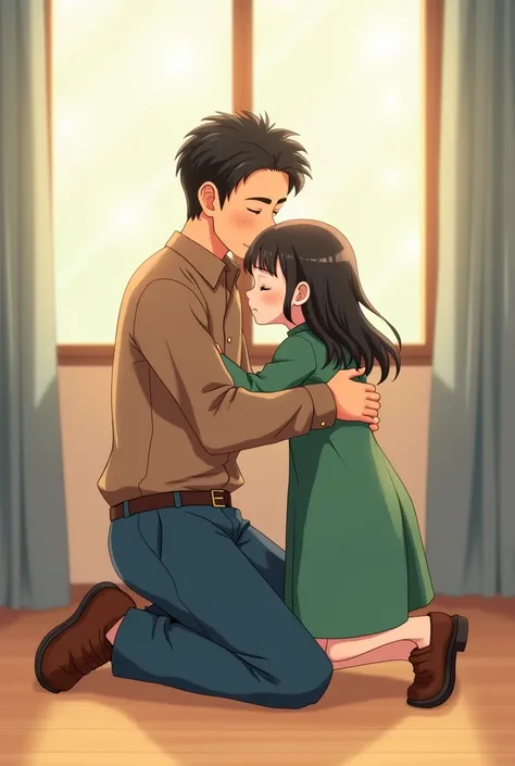 Anime adult father in a brown shirt, blue trousers and brown slippers and a daughter in a green dress and brown shoes are kneeling on the floor and hugging with their eyes closed against the background of the window