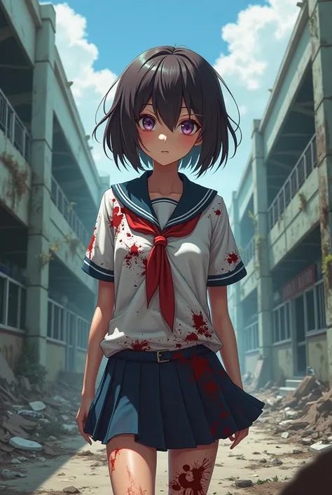 Anime girl, school uniform, zombie apocalypse, 19 years, masterpiece, broken clothes, blood.