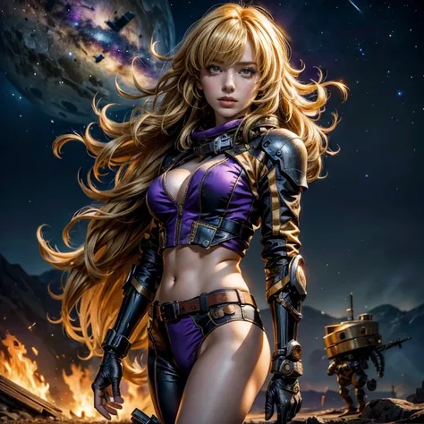 yangxiaolong, yang xiao long, long hair, blonde hair, large breasts, (purple eyes:1.3), ahoge, bangs, BREAK wearing a military power suit, mechanical arms, single mechanical arm, prosthesis, prosthetic arm, BREAK standing with black haired colleague on ali...