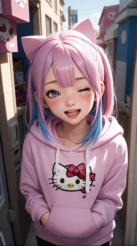 masterpiece, Surreal,'hello kitty'hoodie, head tilt, hair between eyes, laughing out loud, open mouth, squint, 1 girl, alone, with one eye closed, Look up, backlight,pink and blue haor colours, alternate hair lengths, blushing perspective, Clap on the head