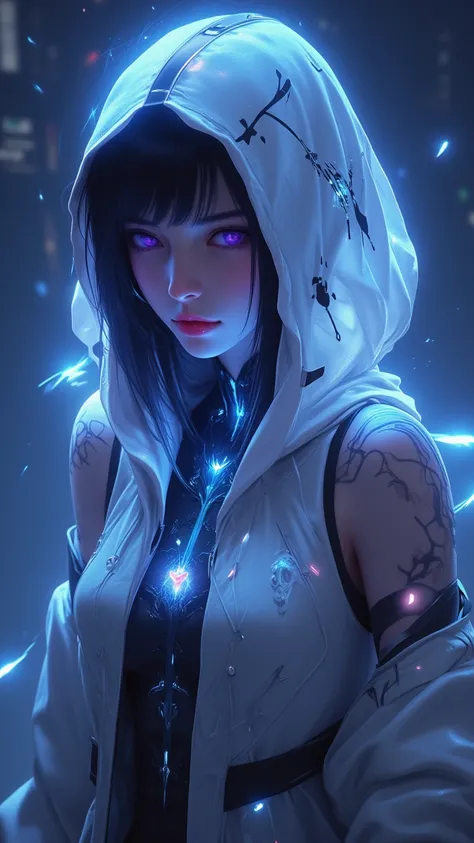 A dark fantasy illustration ， shows a highly stylized and vibrant digital art ， with a futuristic cyberpunk aesthetic 。  character wearing a white hoodie with delicate black patterns and a skull pattern， with a faint glow emanating from a futuristic air ho...