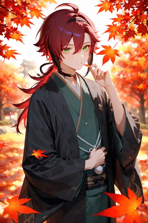 1boy, male focus, shikanoin heizou (genshin impact), red hair, black hair strand, green eyes, intricate male kimono, red autumn leaves, maple trees, masterpiece, best quality, amazing quality, very aesthetic, absurdres, modern, recent, newest