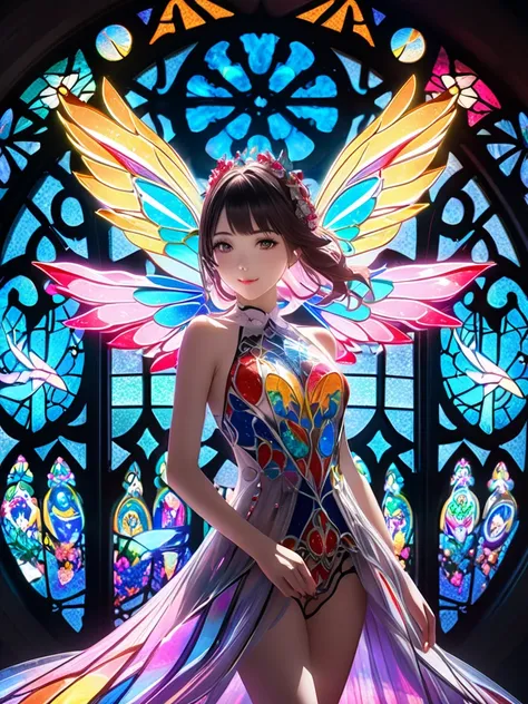      beauty digital art   、8k、Max Image Quality  、    Beautiful World    、peace、 Genuine 、 model、luminescence art、glass、stained glass art、projection mapping、 beautiful woman、赤ずきん、ライフル