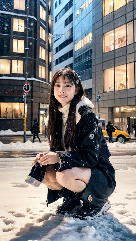  surreal、　8K Photo、　 real 、　Real、　A beautiful 30 year old Japanese woman kneeling and spreading her legs、　snow、　Building district、 boots