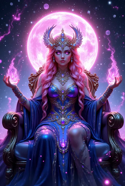 Hecate Goddess of magic, theurgy and necromancer. The mystical ruler of the moon in pink and blue, 
In the center of the picture, a majestic figure sits enthroned, surrounded by a radiant full moon. Her appearance is filled with an unearthly beauty and gra...