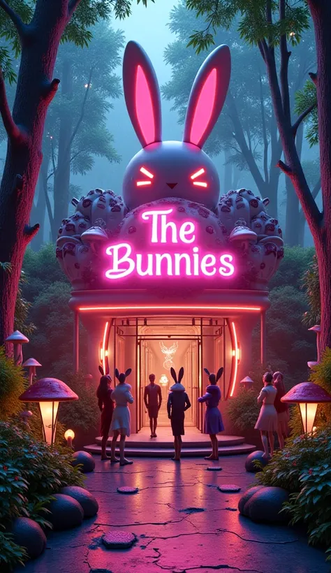 Entrance to the club 'THE BUNNIES' in an enchanted forest, with a modern structure and neon lighting.