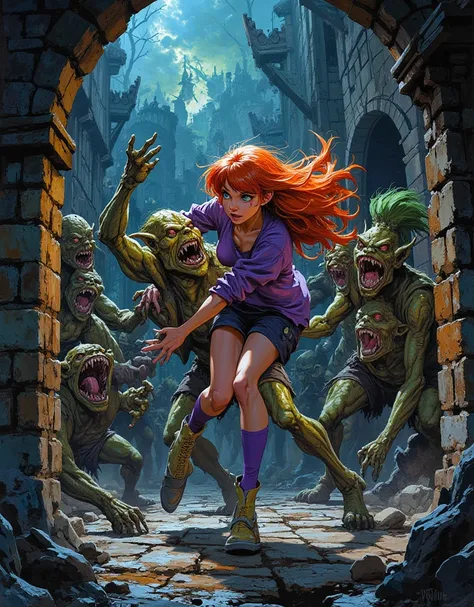 score_9, score_8_above, score_7_above, score_6_above, Daphne Blake do cartoon Scoobydoo atacada por monstros,  in an abandoned medieval dungeon , interior,  High Quality, score_9, score_ 8_above, score_7_above,  multiple monsters , groabove ,miscegenation,...