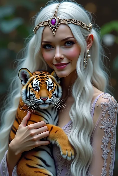 A very beautiful utopian woman dressed in a luxurious dress with long silver hair holding a tiger cub in her arms High Resolution, Masterpiece, Anatomically Correct, Best Quality, Accurate, Long Hair,Smile, Purple Eyes, Jewelry, Futurism, Surrealism, 