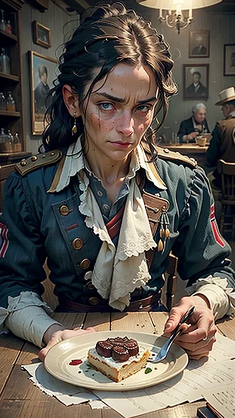 an elderly veteran of the Napoleonic Wars is relaxing in a tavern,  Exquisite detailed eyes ,  expressive facial expressions , wrinkles and scars ,  tattered uniform,  cozy atmosphere,  dim and dusty lighting ,  realistic image ,  oil painting style ,  bri...