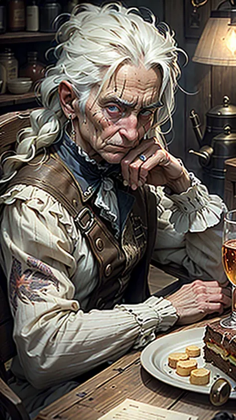 an elderly veteran of the Napoleonic Wars is relaxing in a tavern,  Exquisite detailed eyes ,  expressive facial expressions , wrinkles and scars ,  tattered uniform,  cozy atmosphere,  dim and dusty lighting ,  realistic image ,  oil painting style ,  bri...