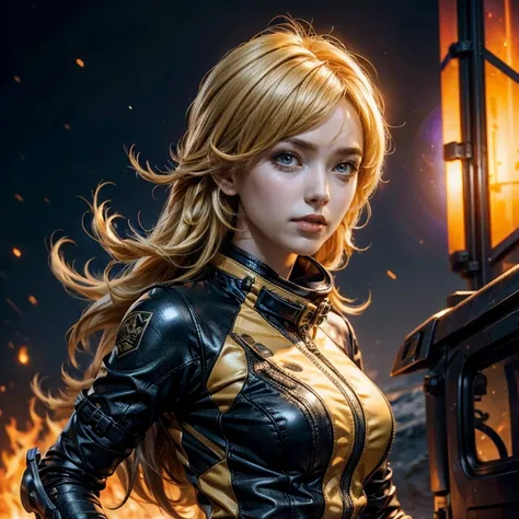 yangxiaolong, yang xiao long, long hair, blonde hair, large breasts, (purple eyes:1.3), ahoge, bangs, BREAK wearing a military power suit, mechanical arms, single mechanical arm, prosthesis, prosthetic arm, BREAK night, stars, standing with black haired co...