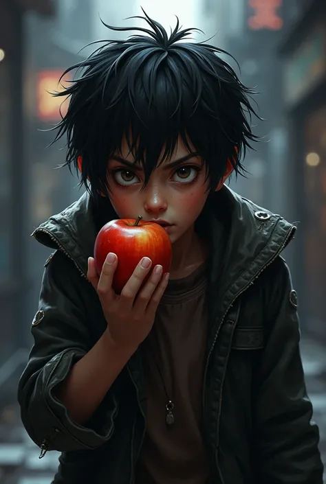 Image of a 20-year-old thief with brown skin, black hair and dark, ragged clothing eating an apple.