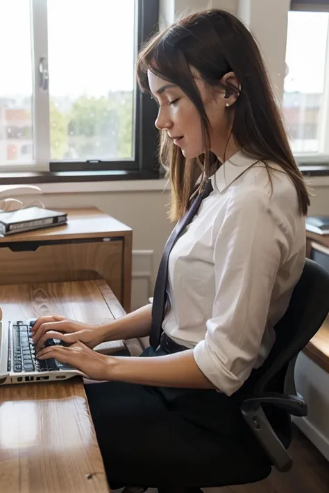 A young professional working with a laptop in a modern, bright office space. The camera focuses on their hands typing on the keyboard, showing the laptop screen displaying graphs and data. Around the desk, there's a window view with sunlight streaming in, ...