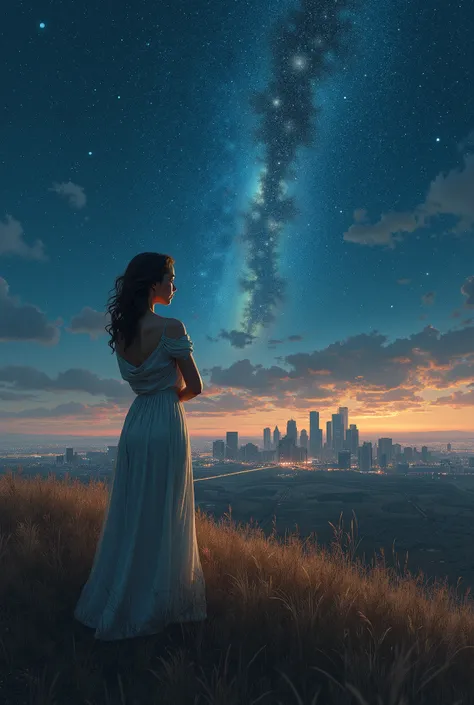  high quality,'s greatest masterpiece,Night Sky,Overlooking the city from a flat prairie on top of a mountain,Detroit, one woman,Embrace yourself, seen from a distance,scenery, glitter