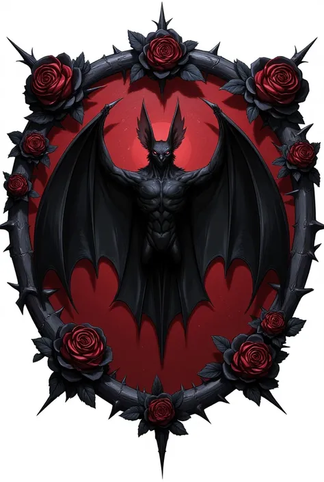 black coat of arms of thorns, inside the coat of arms is a black bat, adorning the coat of arms are black roses and bright red.