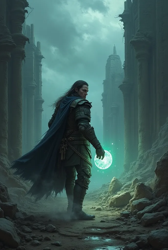 Ruins of an ancient temple. The world is dying, magic is fading. Kain, wounded, trudges through the storm, clutching the glowing Stone of Fate—the last source of power.