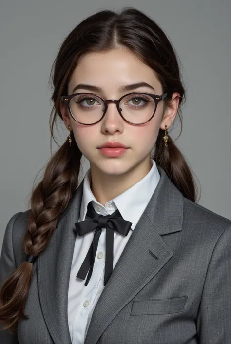  pretty girl, Hair tie,  with eyeglasses,  serious facial , Wear a polite gray suit