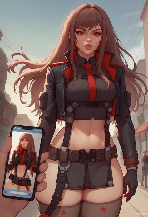 score_9, score_8_ upwards, score_7_ upwards,  eastnik_аниме BREAK 1girl, One,  standing, rapidef ,  Red eyes ,  brown hair ,  long hair,  chelka, Gives, Black jacket,  cropped jacket ,  red tie,  glove belt,  black shirt , belt,  stockings,  thick thighs, ...