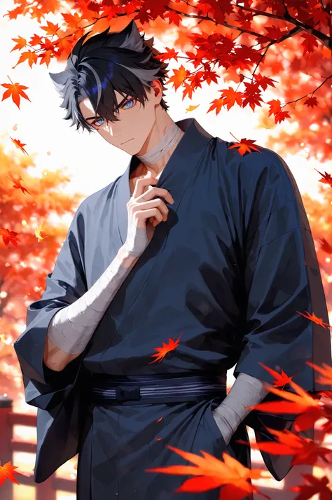 1boy, male focus, wriothesley (genshin impact), black hair, blue eyes, v-shaped eyebrows, bandaged neck, intricate male kimono, red autumn leaves, maple trees, masterpiece, best quality, amazing quality, very aesthetic, absurdres, modern, recent, newest