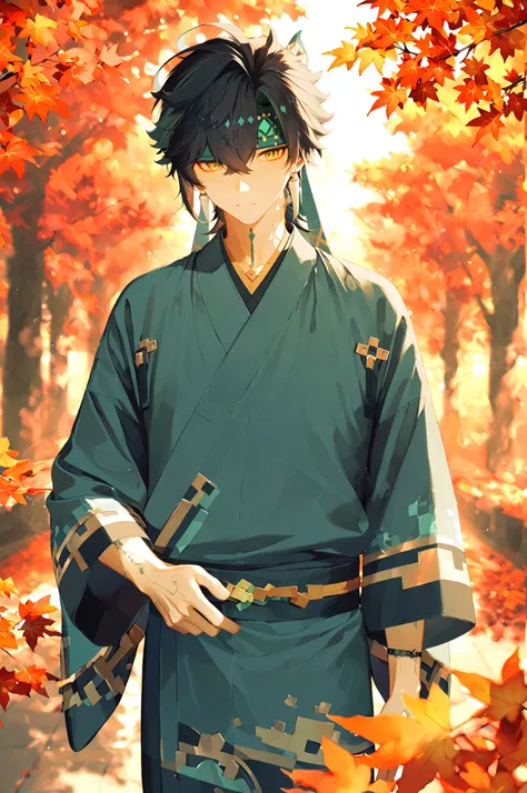 1boy, male focus, kinich (genshin impact), black hair, yellow eyes, headband, intricate male kimono, red autumn leaves, maple trees, masterpiece, best quality, amazing quality, very aesthetic, absurdres, modern, recent, newest