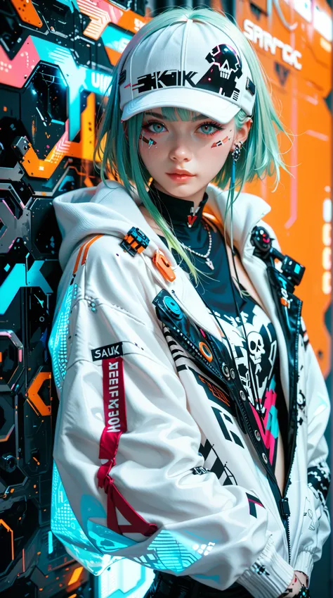 A dark fantasy illustration ， shows a highly stylized and vibrant digital art ， with a futuristic cyberpunk aesthetic 。  character wearing a white hoodie with delicate black patterns and a skull pattern， with a faint glow emanating from a futuristic air ho...